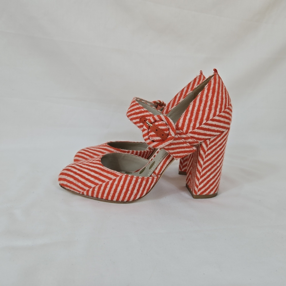 Boden Womens Evie Orange Ivory Stripe Fabric Buckle Mary Jane Pumps EU 36/5.5 US - Picture 5 of 9